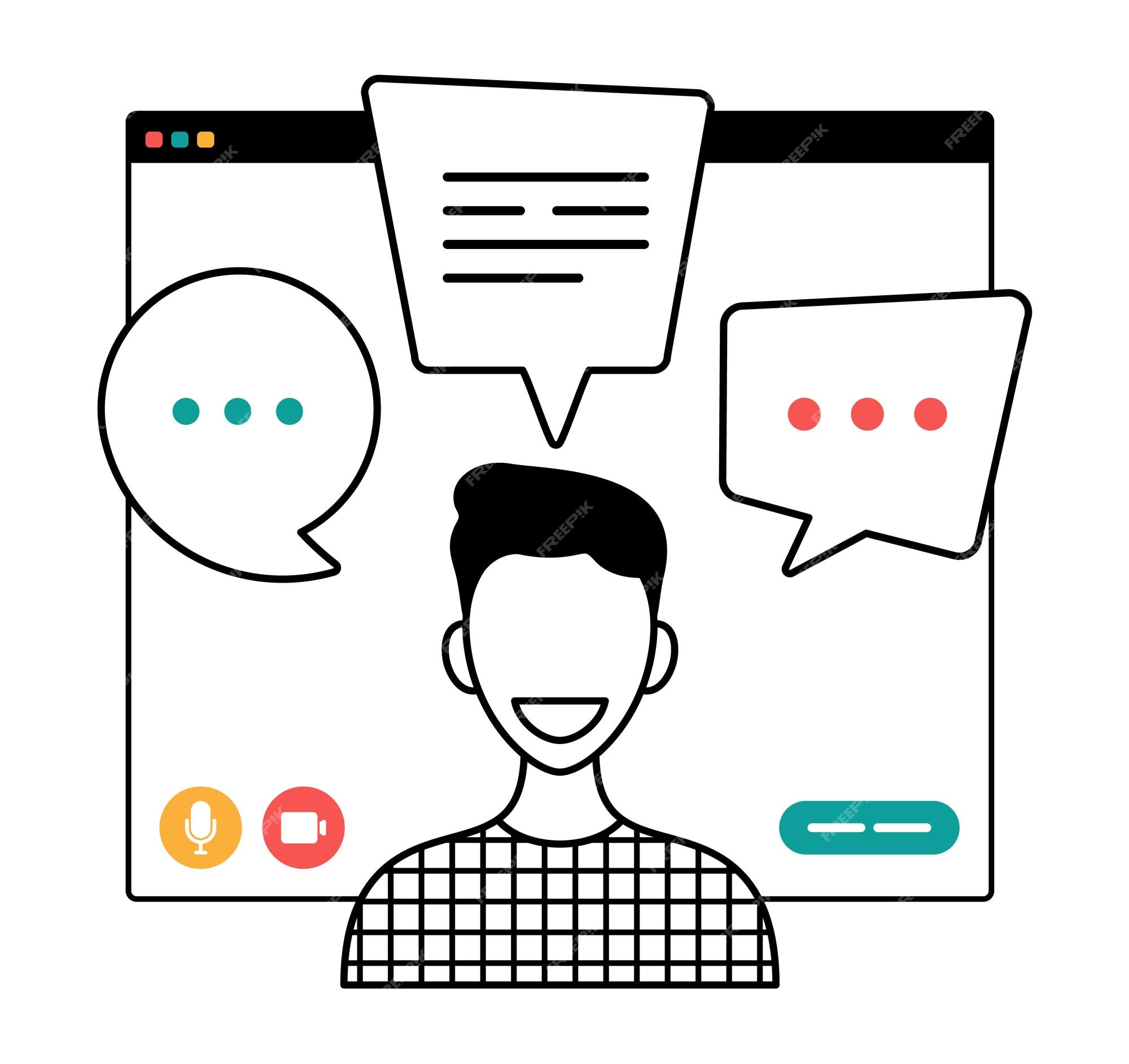 Premium Vector | Businessman chatting during video call outline illustration man with chat bubble speech in computer window communication online conference concept portrait horizontal cartoon flat vector Premium Vector | Businessman chatting during video call outline illustration man with chat bubble speech in computer window communication online conference concept portrait horizontal cartoon flat vector