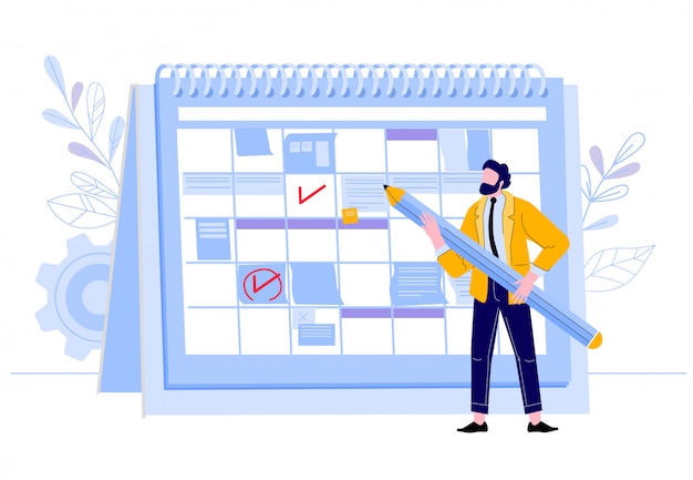 Businessman check calendar. man with pencil planning work events at planner, business worker day plan, and event organization calendar illustration. business organizer, scheduling workflow