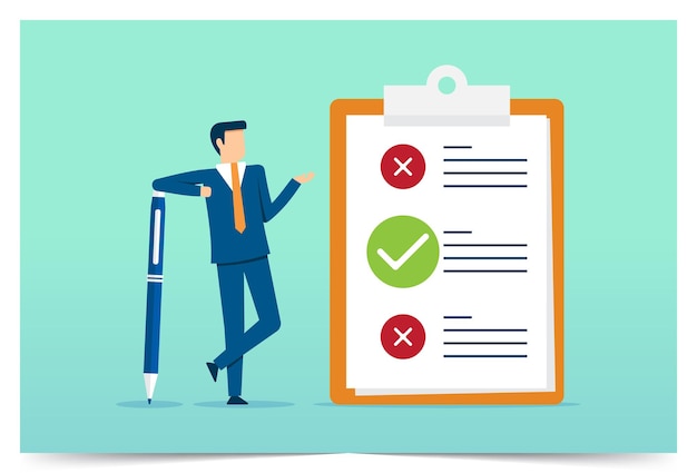 ベクトル ビジネスマンは仕事書類のリストをチェックする