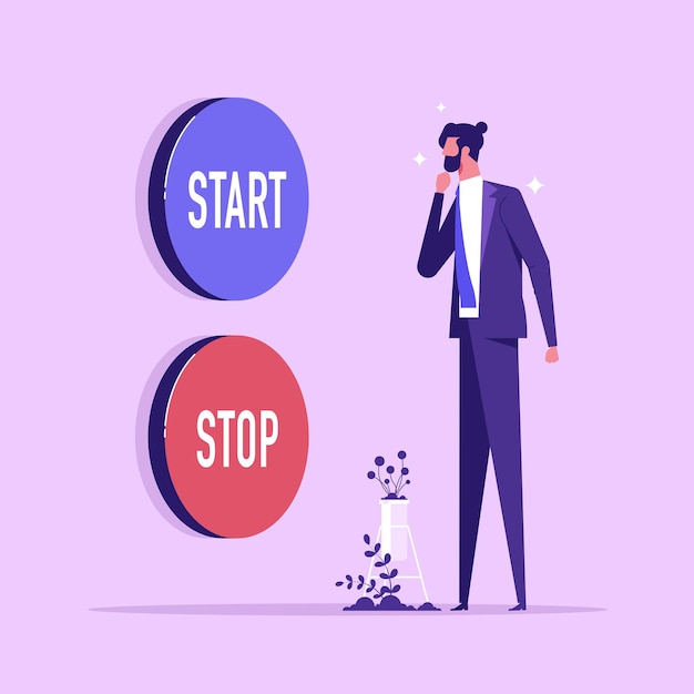 Businessman choose between Start and Stop button. Concept of difficult choice between two options