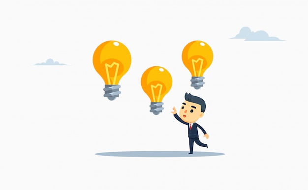 A businessman chooses one of three bulb lamps.vector illustration