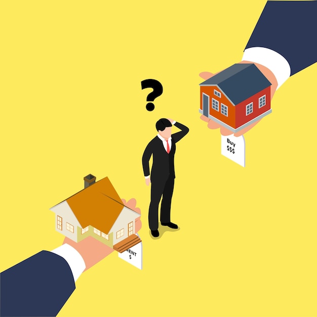 businessman choosing between rent and sell property isometric 3d