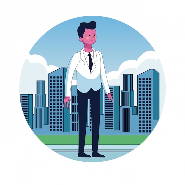 Businessman in the city round icon