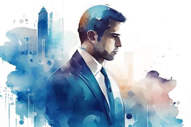 Vector businessman and city skyscraper drawing vector illustration hand drawn in watercolor