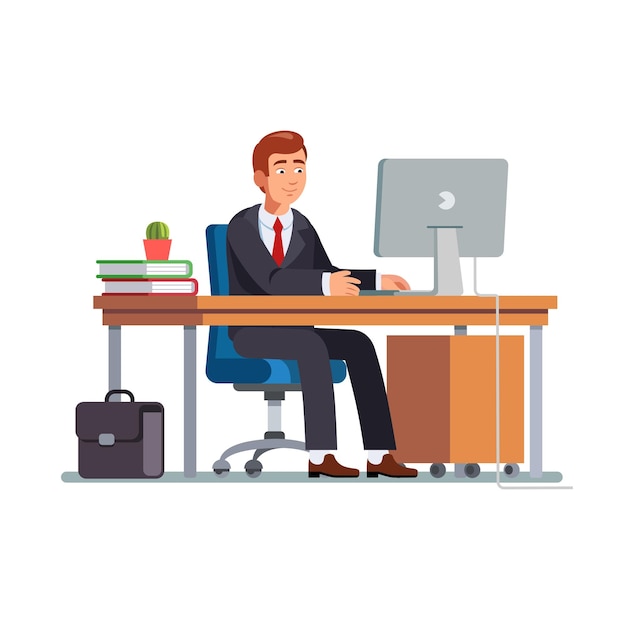 Businessman or a clerk in a black jacket Working on his office desk Flat style vector