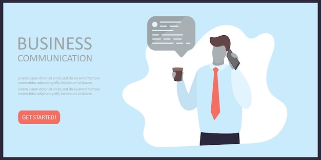 Businessman or clerk talking on smartphone and holds coffee cup speech bubble business communication