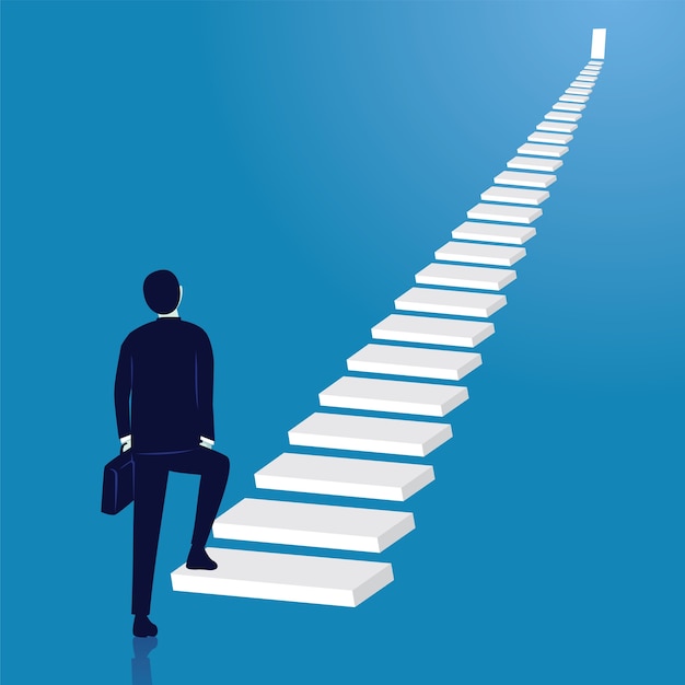 Businessman climb success ladder. Open door on top