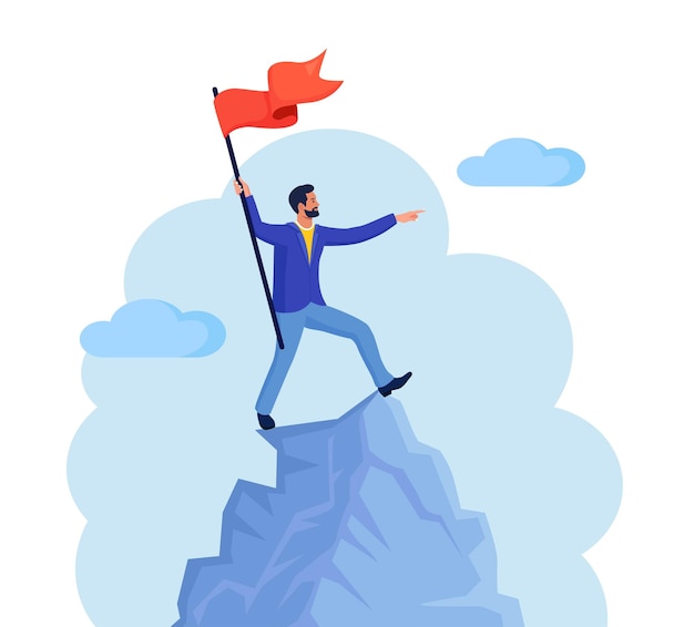 Businessman climbed to top of mountain and hoisted flag on it Career professional achievement ambition Man stands on mountain peak celebrates victory Business development success growth