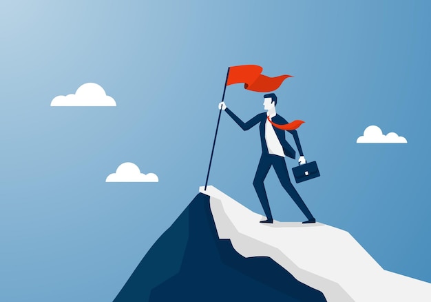 businessman climbing hold red flag on top mountain. successfull mission on peak business goal.