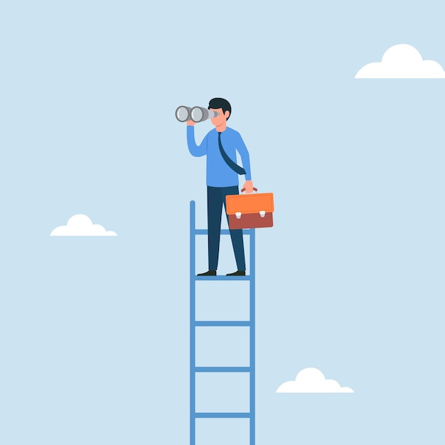 Vector businessman climbing a ladder to looking for new business opportunities