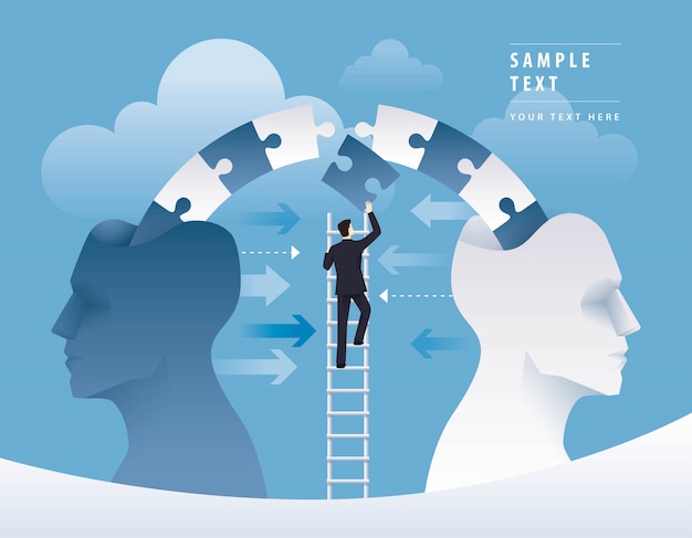 Businessman climbing ladder to pushing jigsaw puzzle