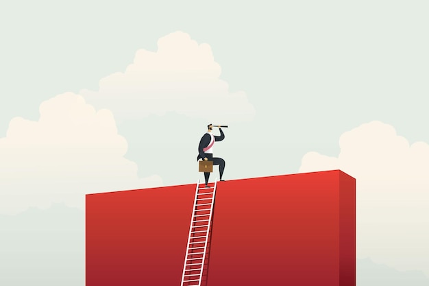 Businessman climbing ladder for vision opportunities