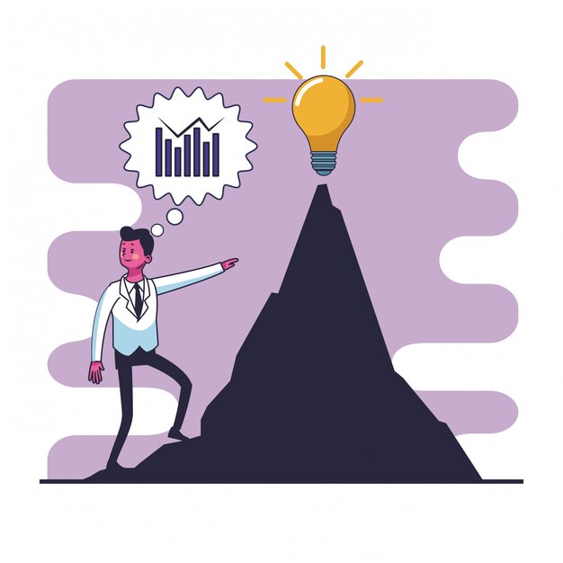 Businessman climbing mountain peak with bulb light on vector illustration graphic design