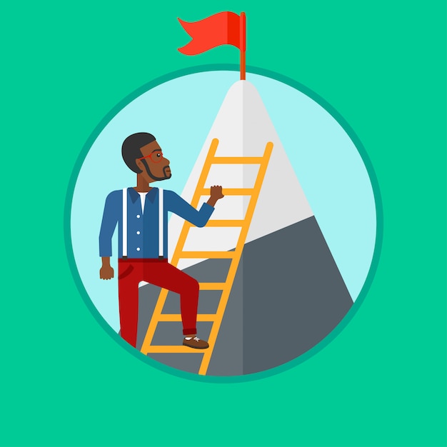 Vector businessman climbing on mountain.