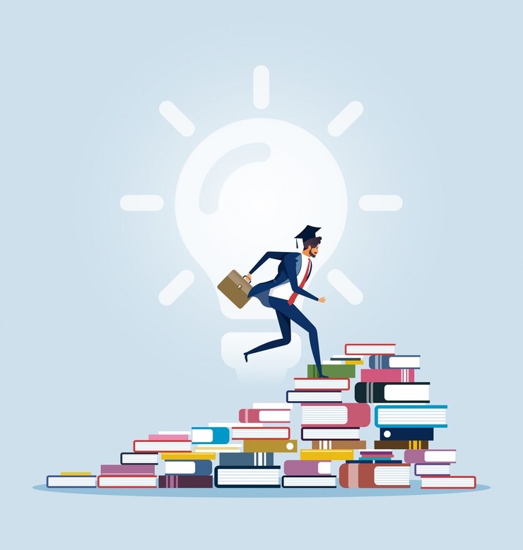 Vector businessman climbing to the top of book piles