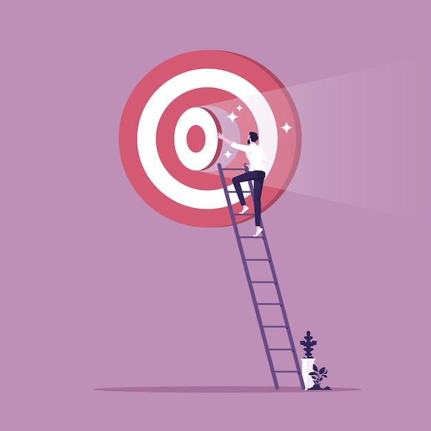 Businessman climbing up ladder to big dartboard or archery target and opening bullseye door