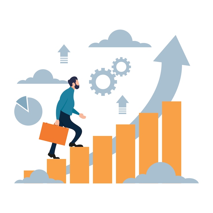 Vector businessman climbing up for successful goal 