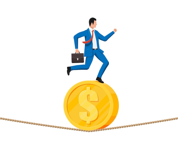 Businessman on coin walking on rope with suitcase Business man walking on tightrope gap Obstacle on road financial crisis Risk management challenge Vector illustration in flat style