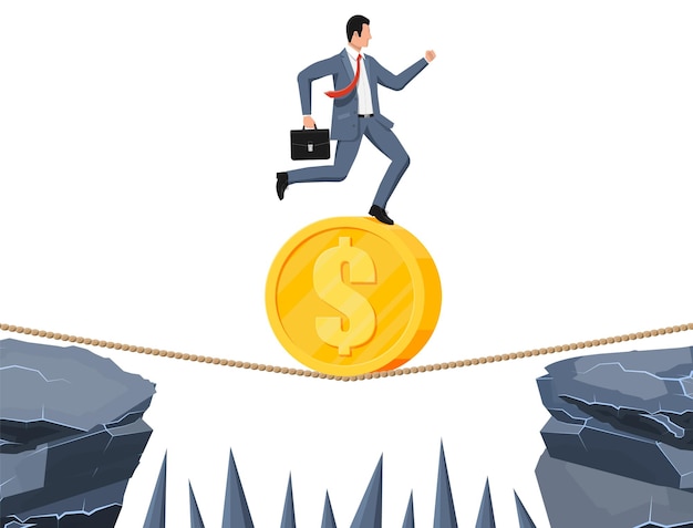 Businessman on coin walking on rope