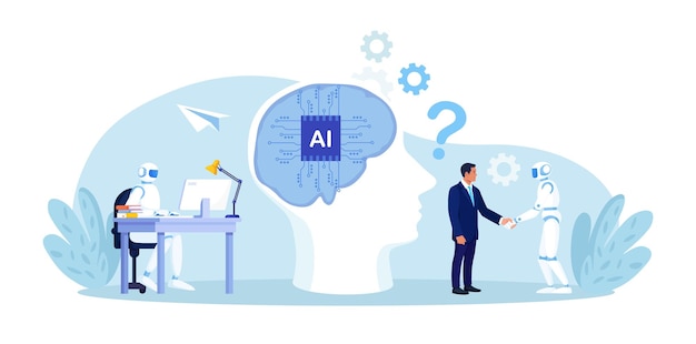 Businessman collaborates with smart ai brain business automation ai robot performance robotic assistance human and artificial intelligence work together machine assists or supports the work