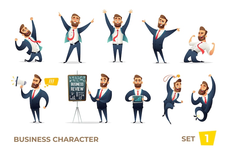 Vector businessman collection bearded charming business men in different situations modern character