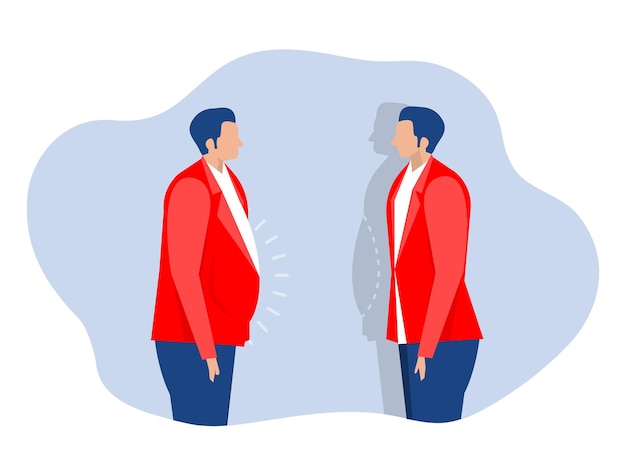 Бизнесмен сравнивает толстого и стройного мужчину до и после потери веса Векторный иллюстратор