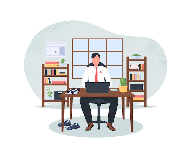 Businessman at computer after workout 2D web banner, poster illustration