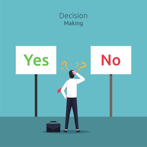 Vector businessman confusing to make a decision between yes or no illustration.