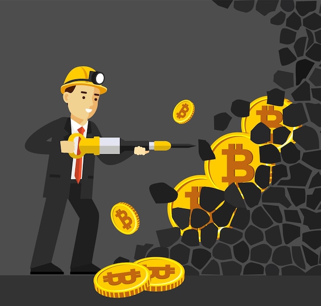 Concetto di estrazione mineraria di bitcoin di criptovaluta dell'uomo d'affari