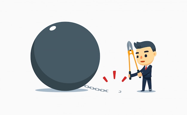A businessman cuts the chain from the burden. vector illustration