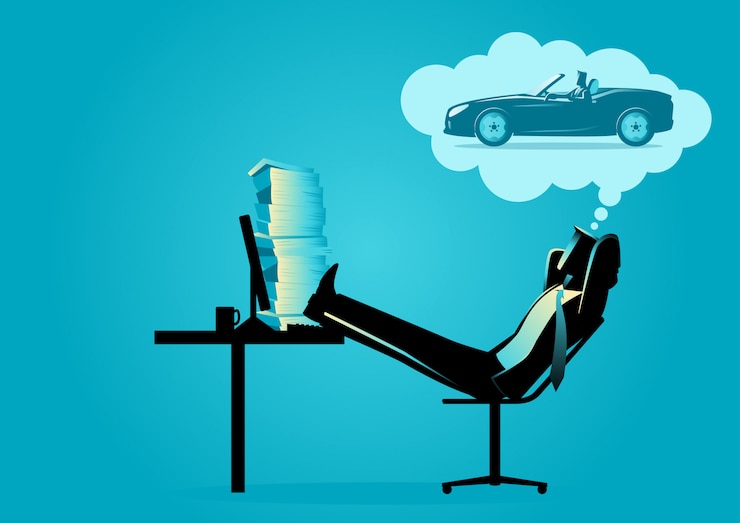 Vector businessman daydreaming about driving a sport car