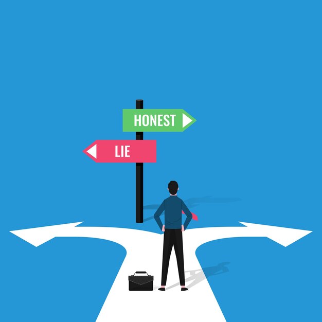 Vector businessman decision concept with signs of honest and lie illustration