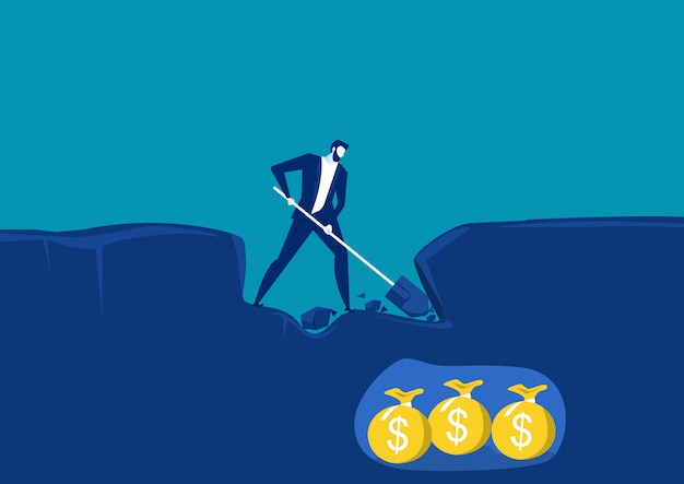 Businessman dig with shovel and very near to success with money gold under land. conceptual vector illustration