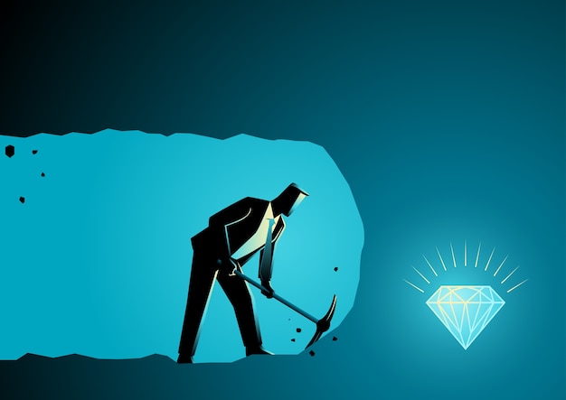 Vector businessman digging and mining to find treasure