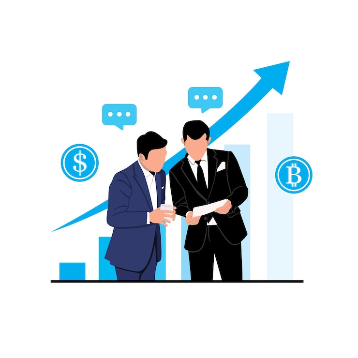 वेक्टर businessman discussing about bitcoins vector illustration in flat style