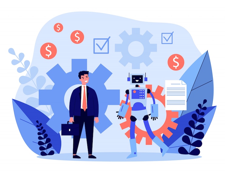 Vector businessman discussing contract with robot