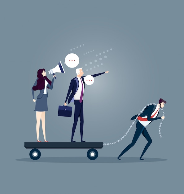 Vector businessman dragging his bossy coworkers alone
