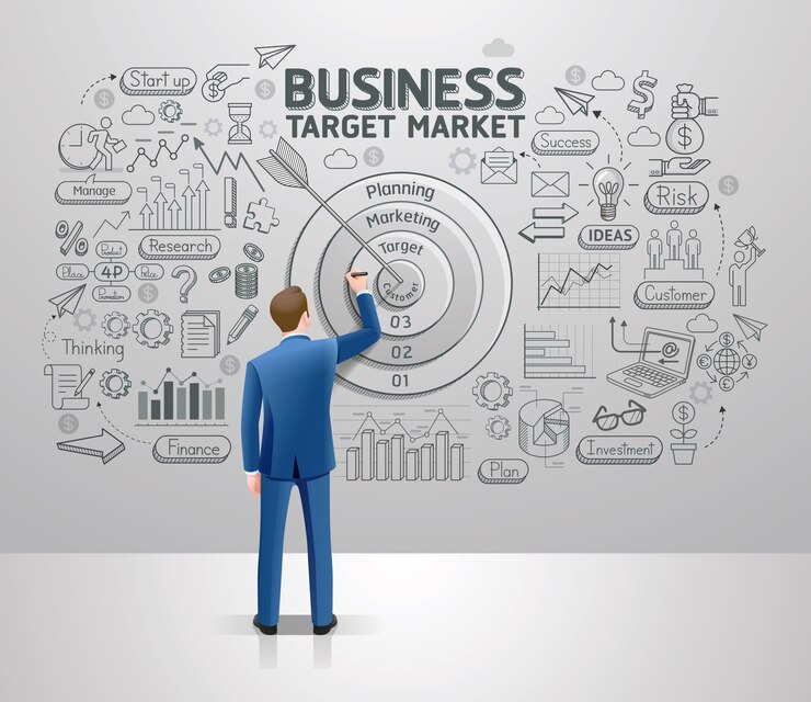 Vector businessman drawing business idea target market on wall