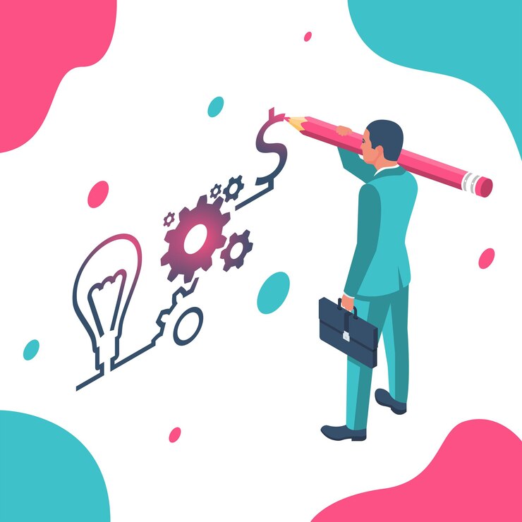 Vector businessman draws business strategy. planning development of ideas. process in form of infographics on steps. vector illustration isometric 3d design. landing page successful people.