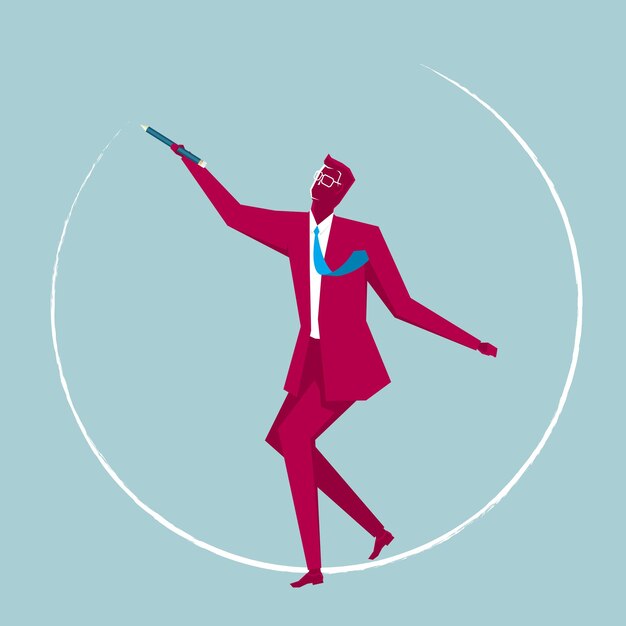businessman draws a circle using a pencil. isolated on blue background.