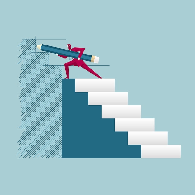 Businessman draws the ladder. Isolated on blue background.