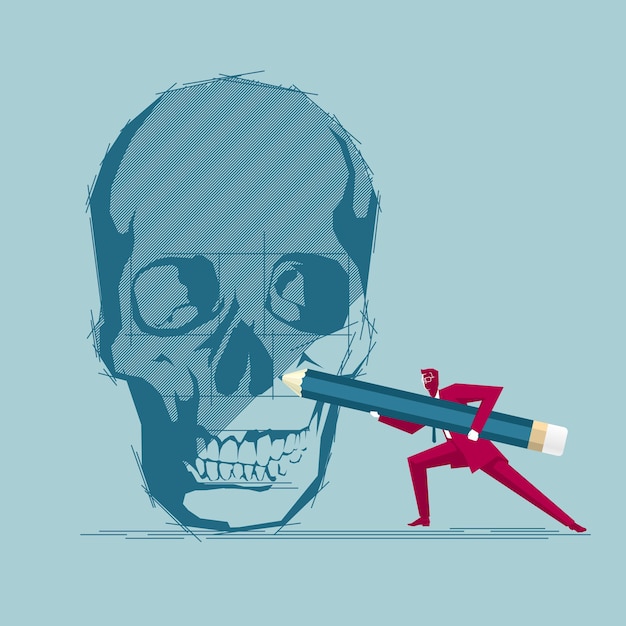 Vector businessman draws skull. isolated on blue background.