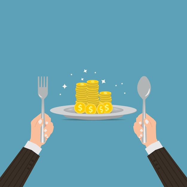 Vector businessman eating coins in the dish design vector illustration