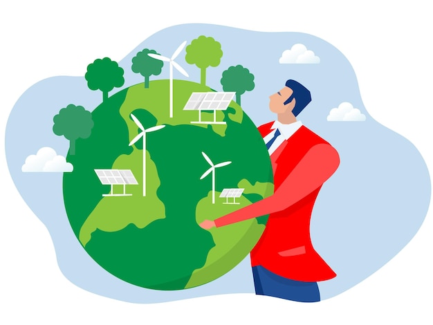 businessman embracing the planet earth  with ecology problem esg  renewable, green, safe green eco
