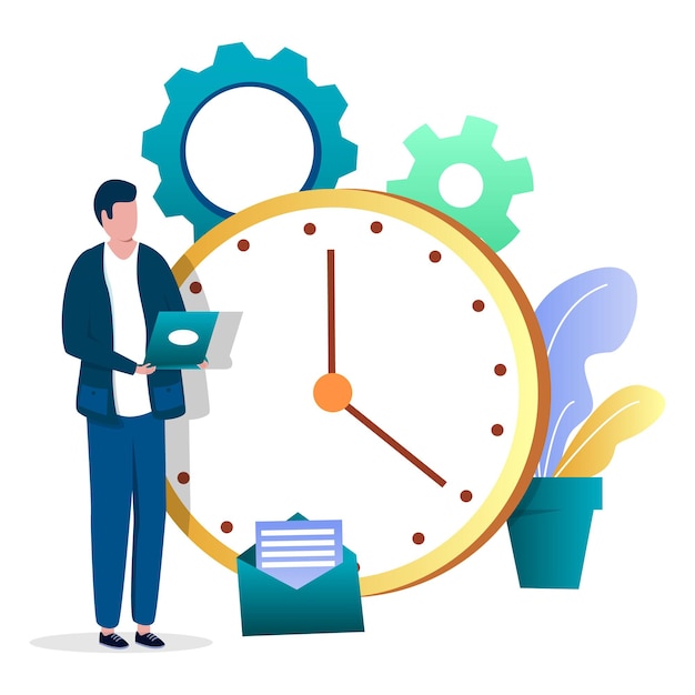 Vector businessman, employee standing next to clock, vector illustration. task management, planning schedule, self control.