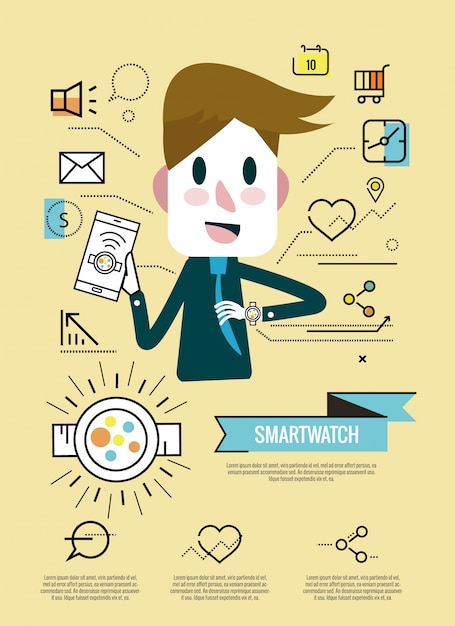 ビジネスマンは彼のsmartwatchで楽しむ