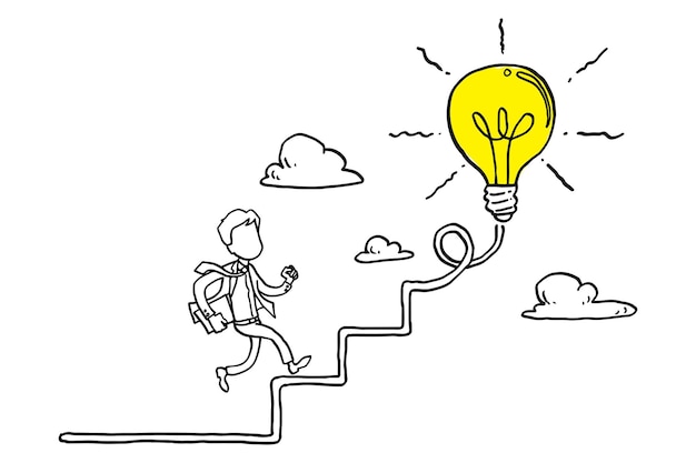 Бизнесмен с энтузиазмом шагает по лестнице к яркой лампочке Концепция бизнес-идеи и возможности карьерного роста Дизайн векторной иллюстрации мультфильма