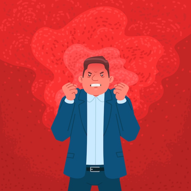 Vector businessman expressing anger. angry man in a flame of rage. vector illustration in flat style