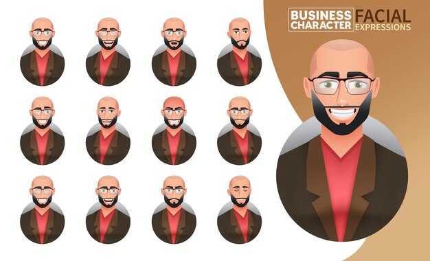 Vector businessman facial expressions vector set business man bald boss character in smiling serious and