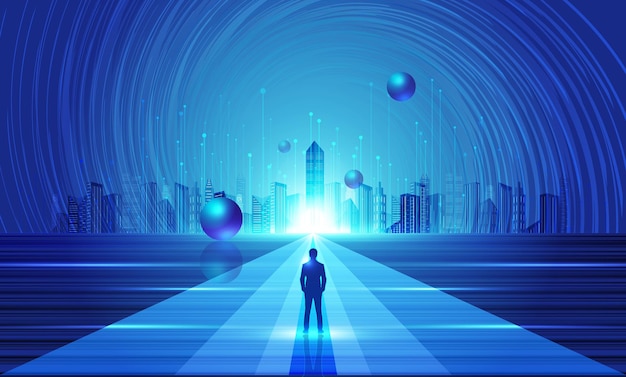 Businessman facing towards future city futuristic technology space background